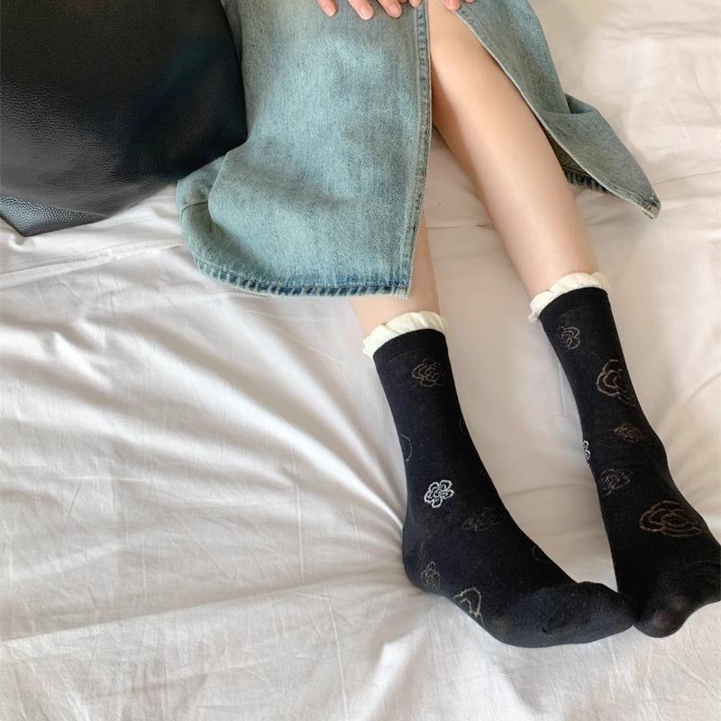 Female Spring and Summer Thin Ultra Thin Camellia Color Mesh Tube Stack Socks