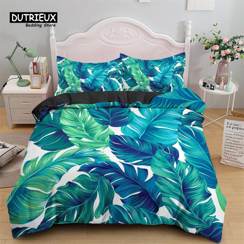 Green Palm Leaf Bedding Set Hawaiian Tropical Leaves Duvet Cover Microfiber Monstera Banana Leaves Quilt Cover For Teen Adults
