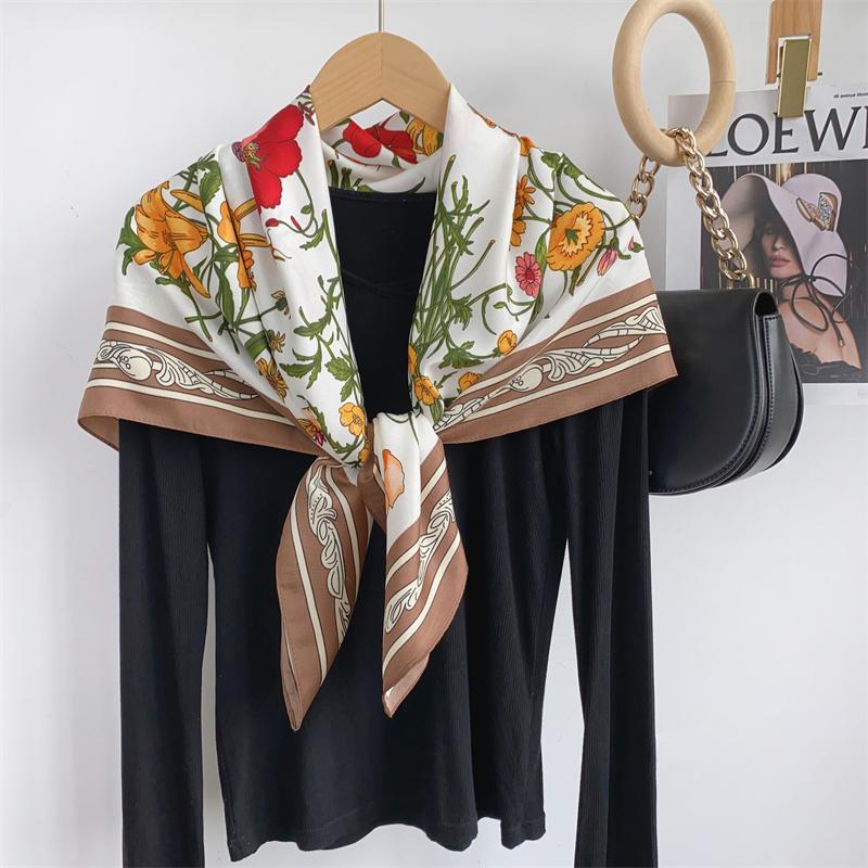 Spain Fashion Garden Floral Square Silk Scarf Women High Quality Print Satin Shawls and Wraps Bufandas Muslim Hijab 90*90Cm