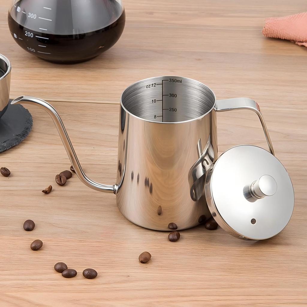 CHFNJJ Edelstahl Kaffee Schmalhals Drip mit Kaffeefilterkanne für eine Person Kanne, Schwanenhals, Kessel, Waage, (350ML)