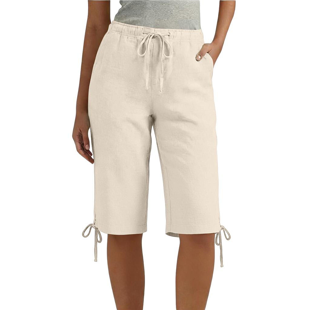 Ladies' casual and fashionable loose waist drawstring five quarter pants with pockets