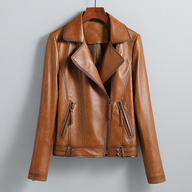 Women's Sheepskin Leather Motorcycle Jacket - Korean Style 2025 Spring/Autumn Outerwear