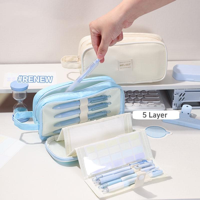 Five Fold Layer Pencil Bag Pen Case Folding Drawer Multi Slots Handle Storage Pouch for Stationery