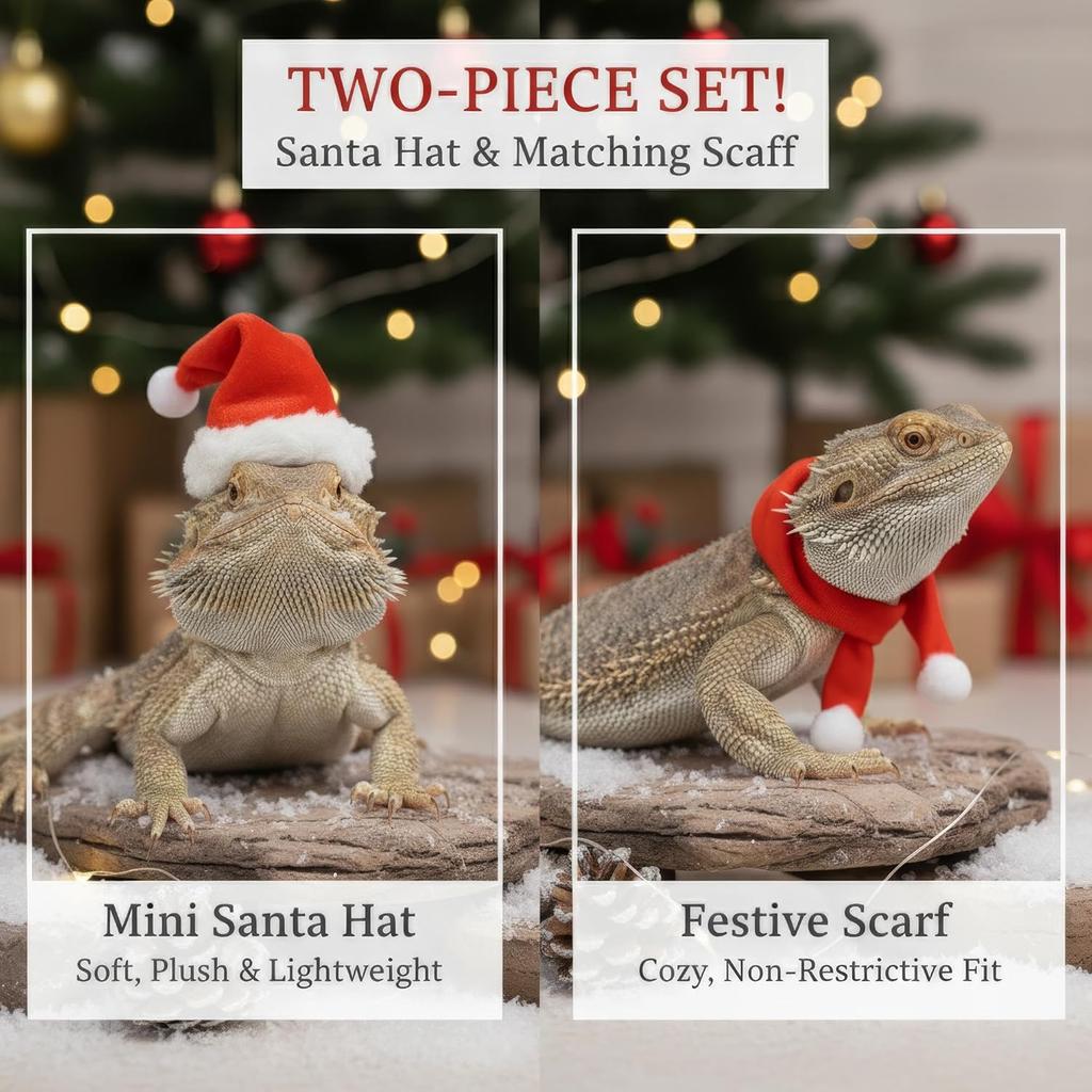 Reptile Christmas Costume: Bearded Dragon Santa Hat & Scarf Set with Adjustable Chin Strap for Lizards, Ferrets