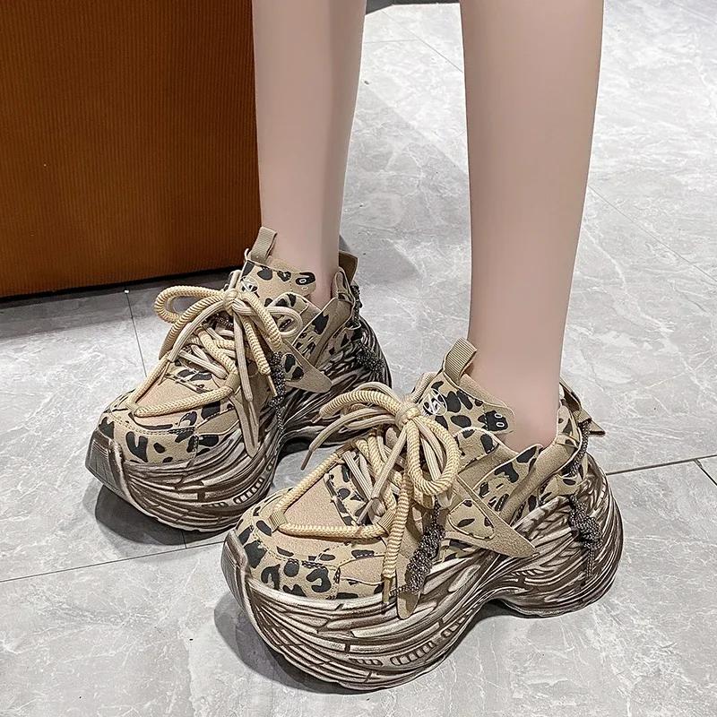8CM High Platform Sneakers Wedge Heels Leather Walking Shoes Woman New Autumn Leopard Vulcanize Shoes Female Chunky Sneakers