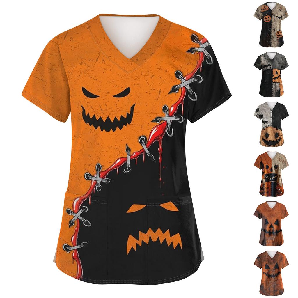 Women's Fashion Short Sleeve Halloween Print V-Neck Pocket Workwear Tops