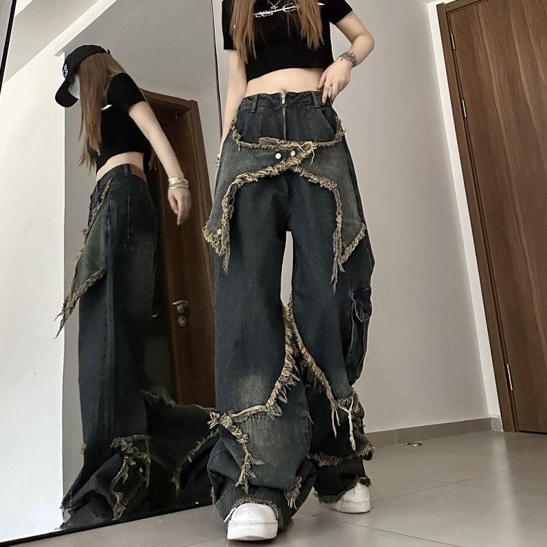Vintage High Street Wide Leg Jeans American Retro Style Loose Fit Denim Pants Women Spring Summer
