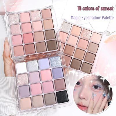 Laceena Sunset Magic 16-Color Eyeshadow Palette: Pearlescent Matte Earth Tones & Shimmery Pink Blush.