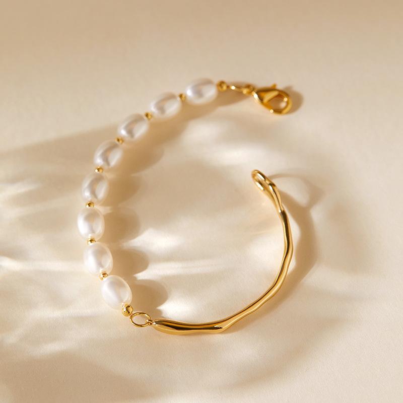 Gold Plated Half Pearl Half Irregular Metal Bangle Bracelet