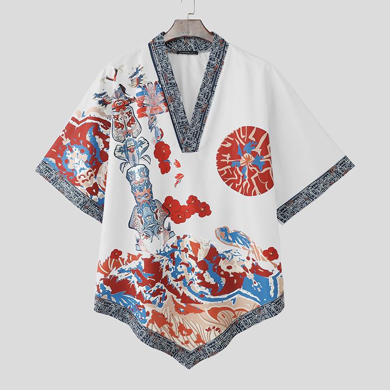 

INCERUN Мужские футболки оверсайз с V-образным вырезом, рукавом «летучая мышь», принтом, асимметричные, повседневные 4XL белый