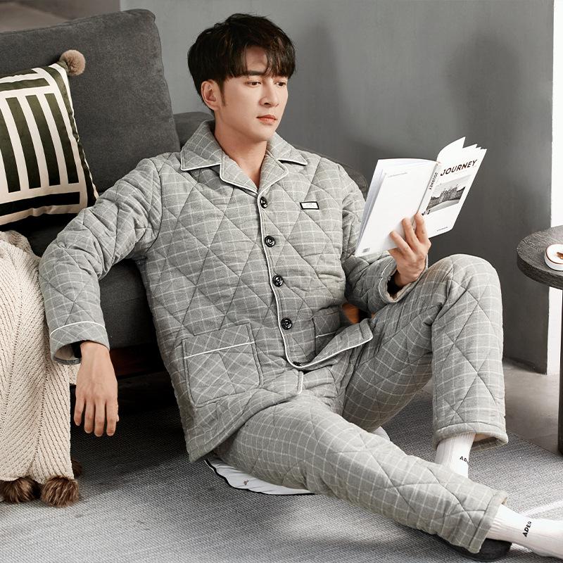 Three-Layer Padded Pajamas Men'S Winter Thickened And Velvet Woven Pure Cotton Warm Padded Jacket Anti-Static Loungewear Set