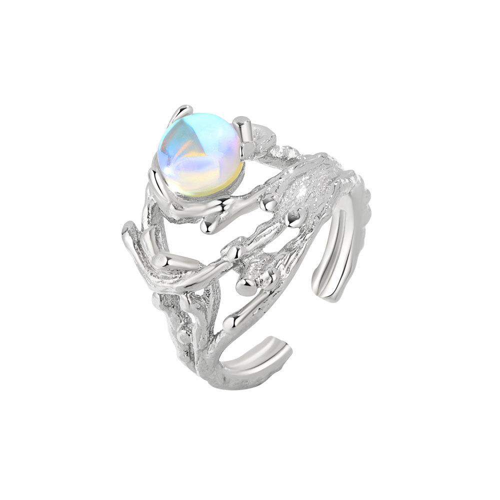 Minimalist Branch Texture Moonstone Ring For Women Unique Nature Inspired Band Elegant Cool Tone Jewelry Gift