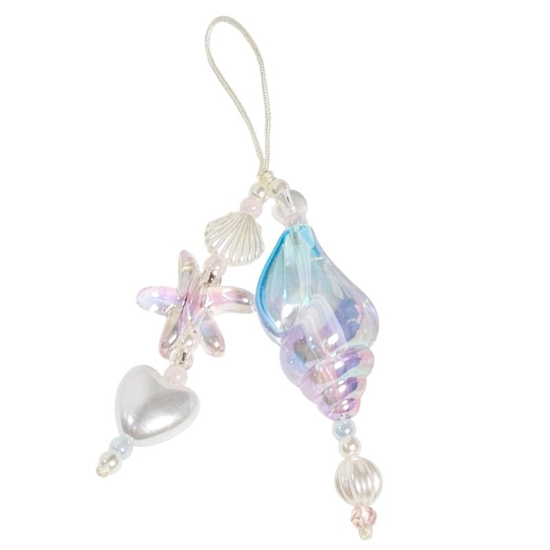Unique Ocean Style Clear Sparkling Beaded Earphone Holder Chain Featuring Seashells Pearls Accent And Phone Decoration
