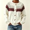 Womens Oversized Crewneck Cardigan Sweater With Colorblock Jacquard Acrylic Knit Open Front Top Fall Winter