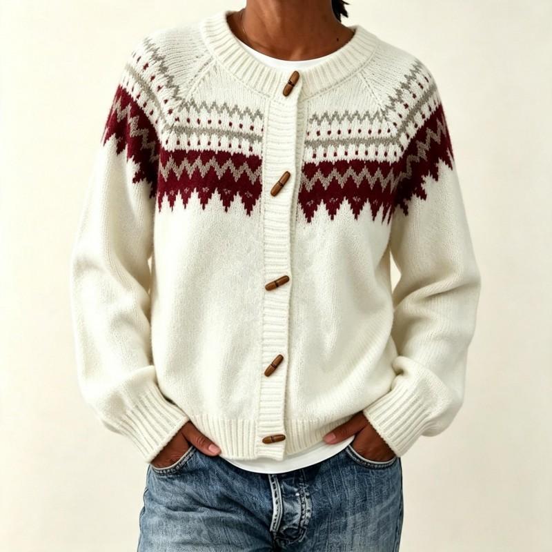 Womens Oversized Crewneck Cardigan Sweater With Colorblock Jacquard Acrylic Knit Open Front Top Fall Winter