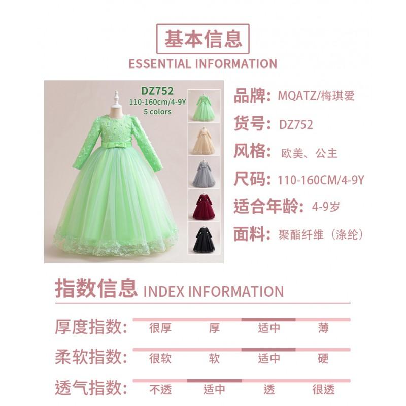 Girl Long Sleeve Dress Princess Party Gown Flower Performance