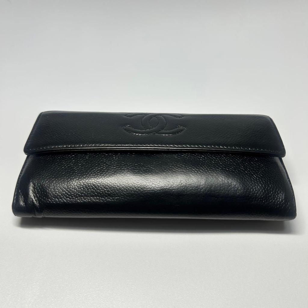 Used CHANEL Chanel Coco Mark Caviar Skin Long Wallet Black Beautiful Condition