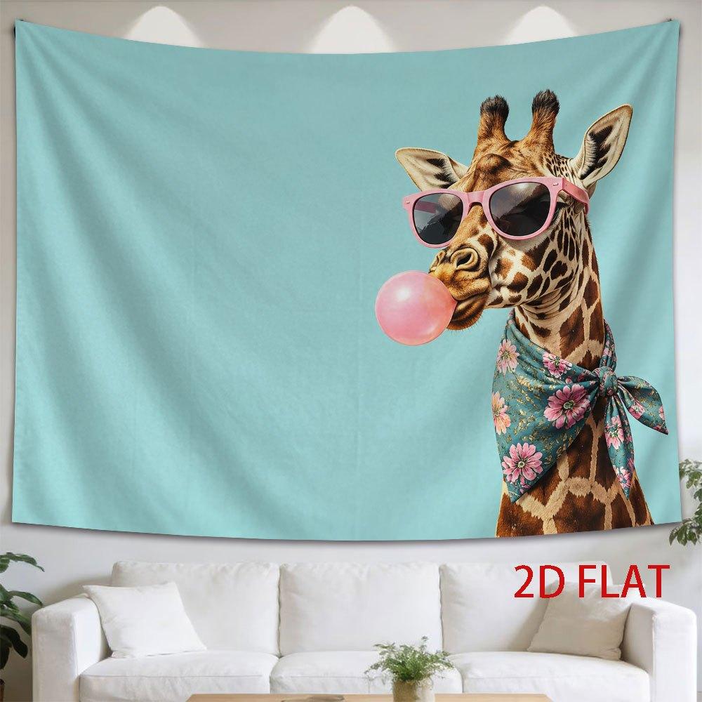2D Flat - 2D Flat - 1pc 2D Flat Tapestry Giraffe Wearing Sunglasses And Blowing Bubblegum, Tied with a Floral Scarf, Looks Playful And Stylish