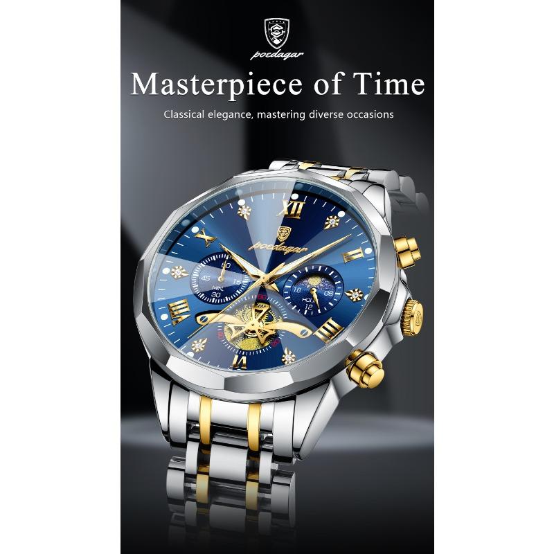 POEDAGAR Original Luxus Herrenuhr Wasserdicht Leuchtend Chronograph Armbanduhr Edelstahl Quarzuhren für Mann Reloj