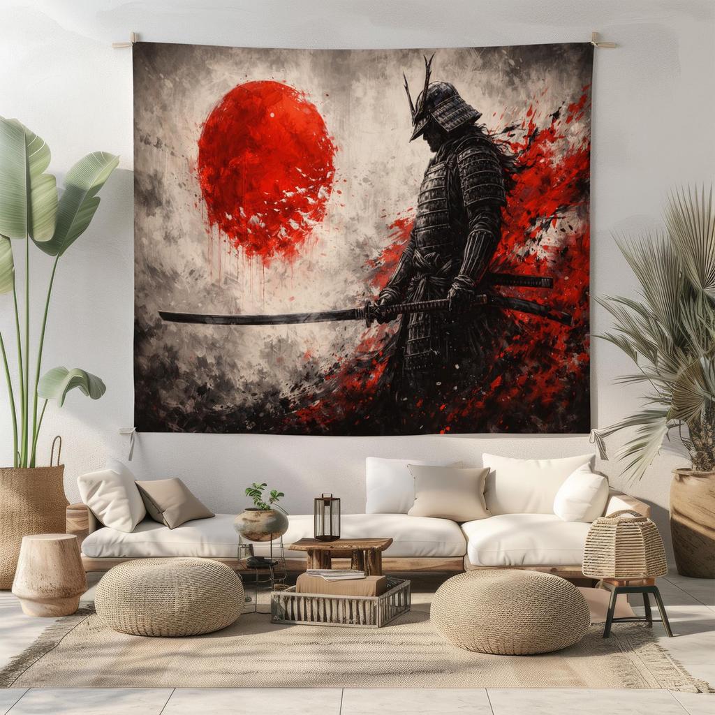 Samurai Wall Art Tapestry Japanese Warrior Red Sun Japan Decor Asian Aesthetic