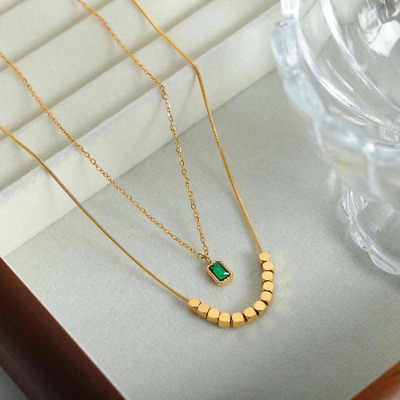 Small Square Pendant Double Necklace Titanium Steel 18K Gold Clavicle Chain Versatile Personality Temperament Jewelry Light Luxury Clavicle Chain