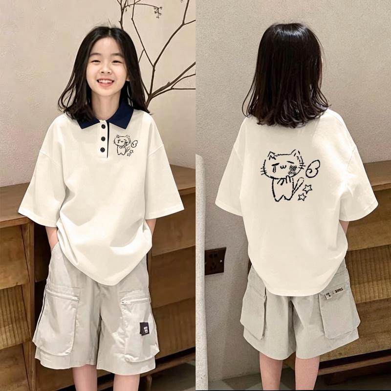 Trendy Girls' Cartoon Cotton Polo Shirt - Summer Patchwork Lapel Tee for Ages 8-15