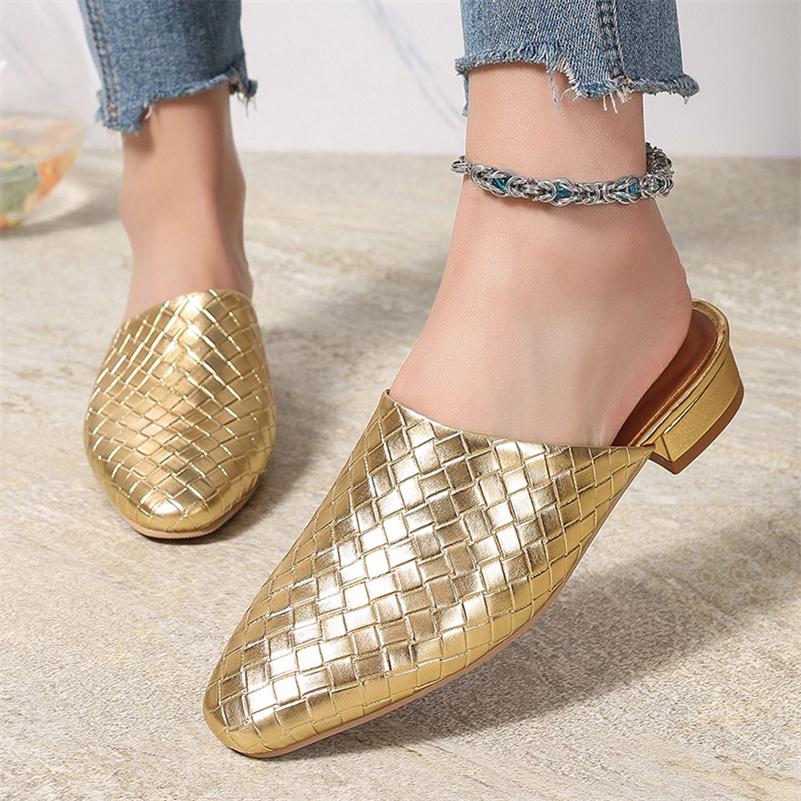 FOREADA Women PU Leather Mules Round Toe Flats Concise Design Ladies Fashion Casual Shoes Spring Autumn Gold Silver 45
