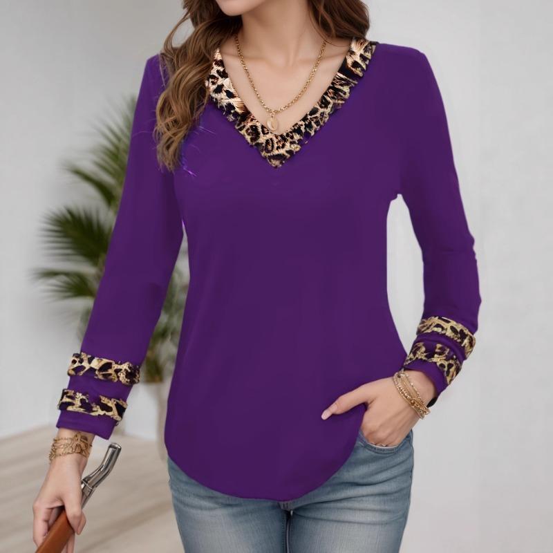 New Elegant Contrasting Color Printed V-neck Long-sleeved Top Summer T-shirt for Women