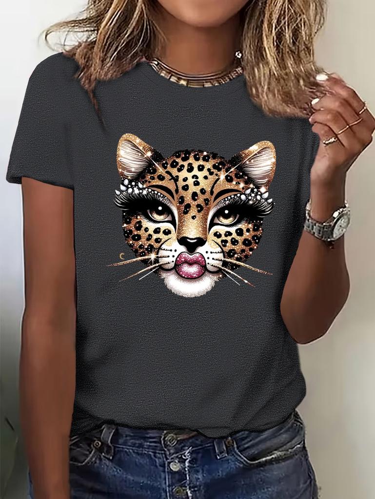 T-shirt d'été vintage pour femme avec imprimé léopard et graphique tigre, manches courtes, respirant, décontracté, col rond, vêtements pour femme