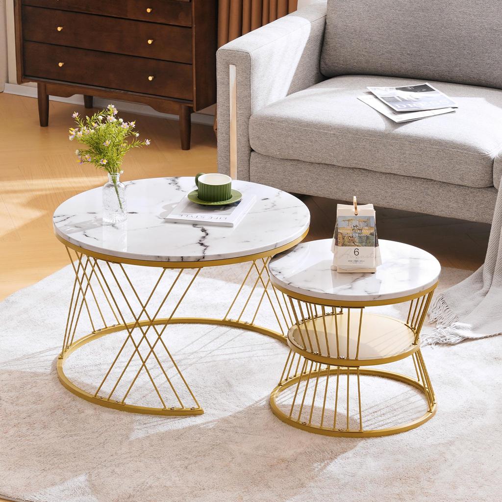 Flieks Coffee Table Set of 2, High-Gloss Living Room Table with Storage, for Living Room and Balcony - Metal Frame, Gold and White