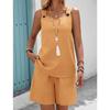 Western Spring Summer Fall New Solid Color Craft Fabric Double Pocket Sleeveless Top and Shorts, Vacation Style Elegant Casual Set