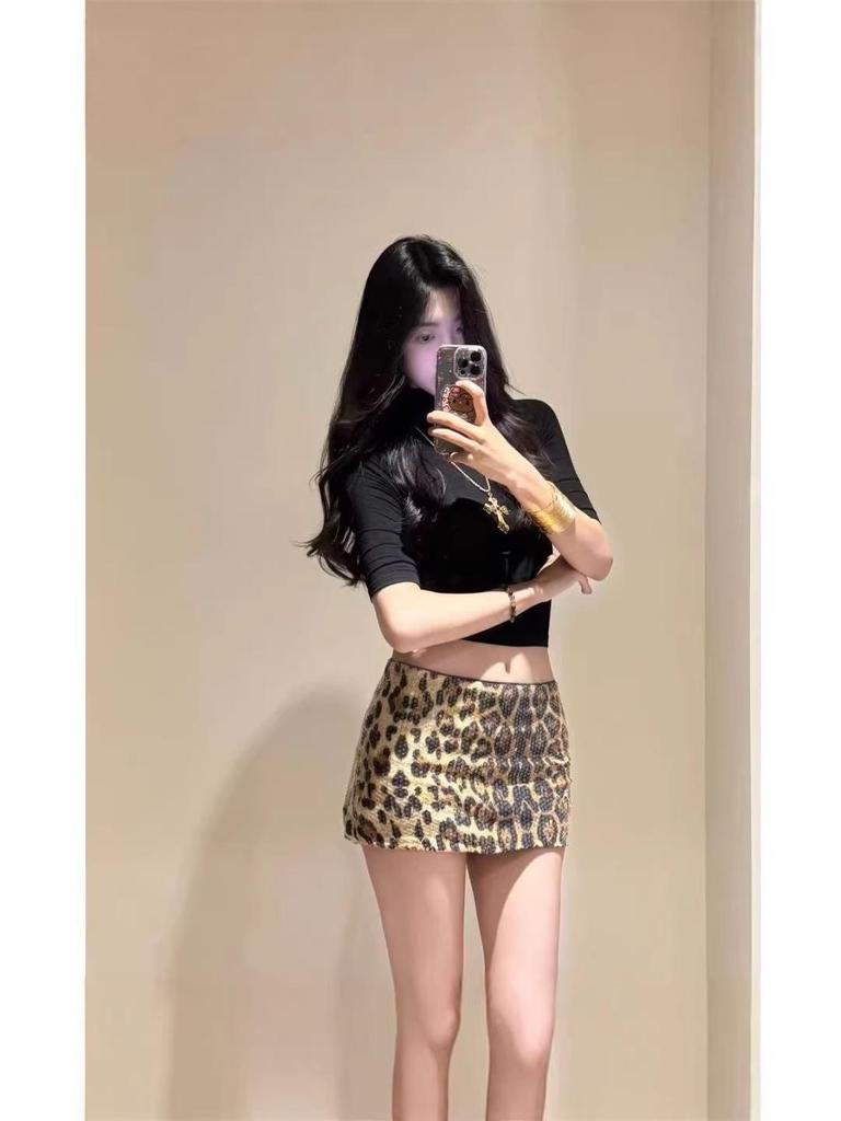 Sequin Leopard Print Mini Skirt & Waist-Cinched Top Suit - 2026 Summer Collection for Women