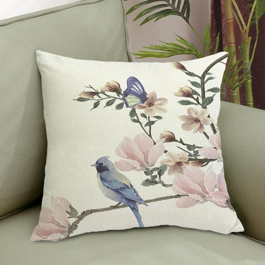 Bird Flower Decorative Pillow Covers 18x18 Linen Outdoor Square Pillow Case Cushion Cover for Sofa Couch Bedroom