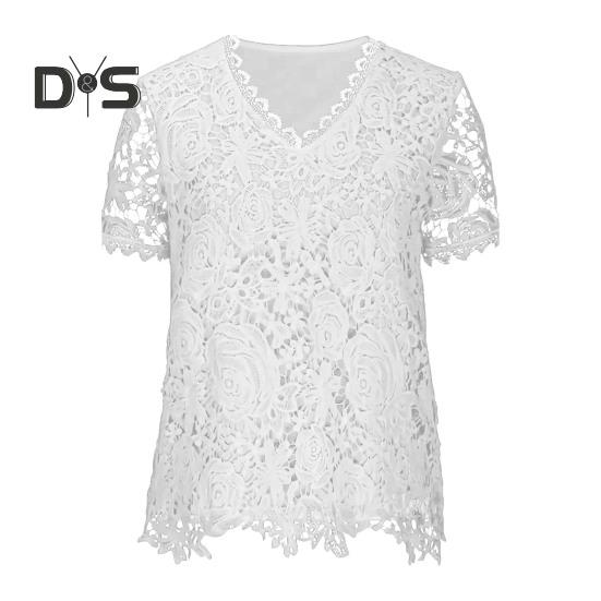 Tricou de vară pentru femei, gât în V, mânecă scurtă, casual, broderie ajurată, dantelă, pulover, topuri streetwear