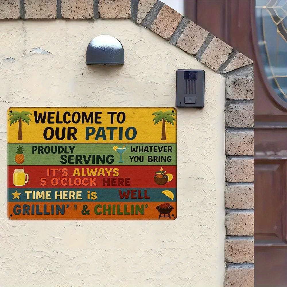 "Welcome To Our Patio" Rustic Metal Sign, Vintage-style Decor.