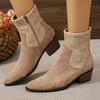 Large size pointed square heel side zipper and wind smoke boots, new autumn and winter medium women's boots