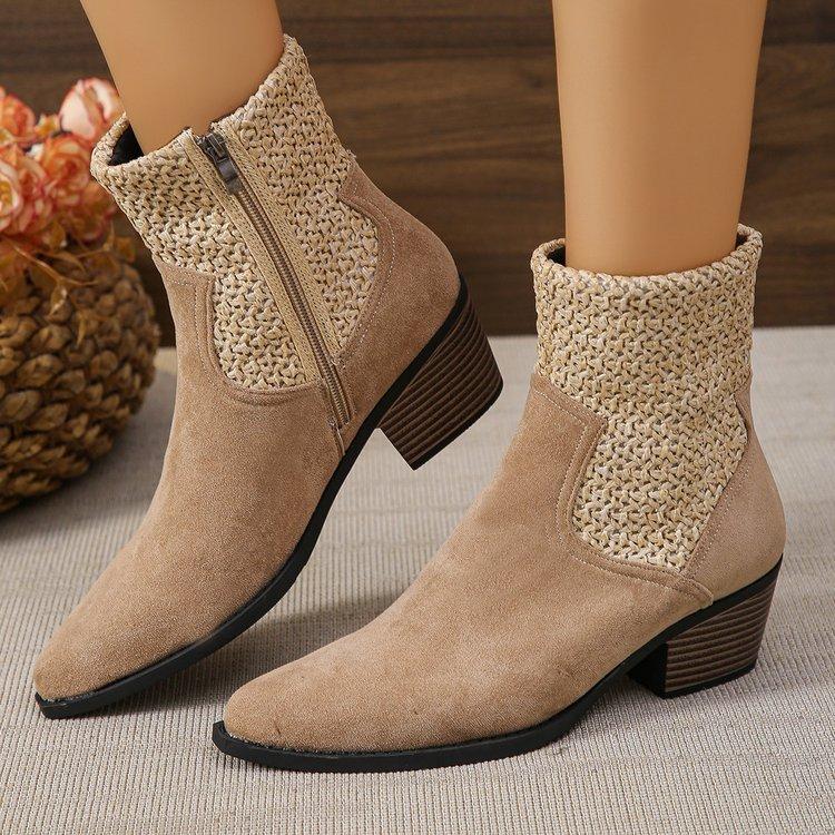 Large size pointed square heel side zipper and wind smoke boots, new autumn and winter medium women's boots