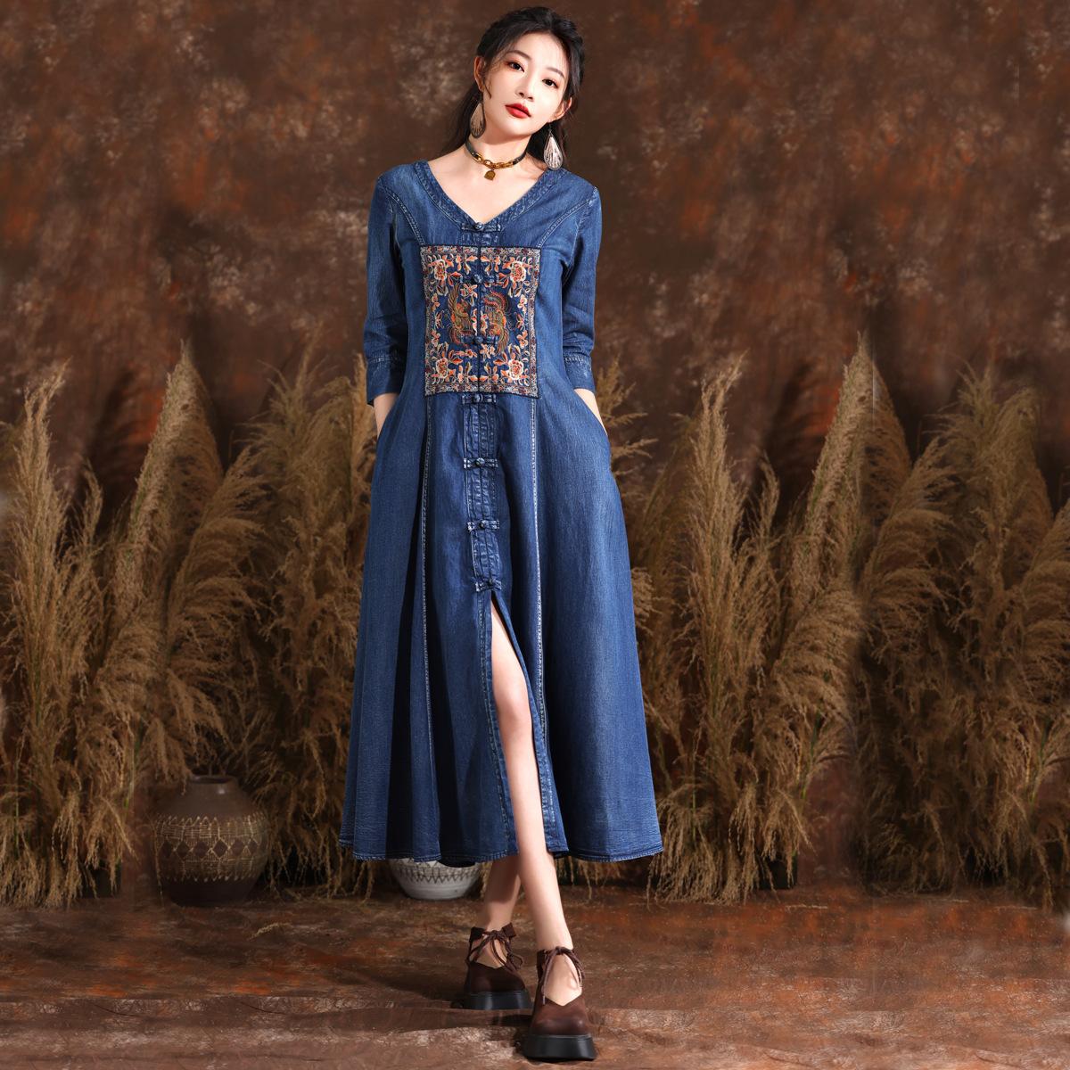 

Johnature, летнее и осеннее женское платье с вышивкой в ​​китайском стиле, однобортное ковбойское платье с нишевым дизайном и пряжкой в ​​виде диска M темно-синий