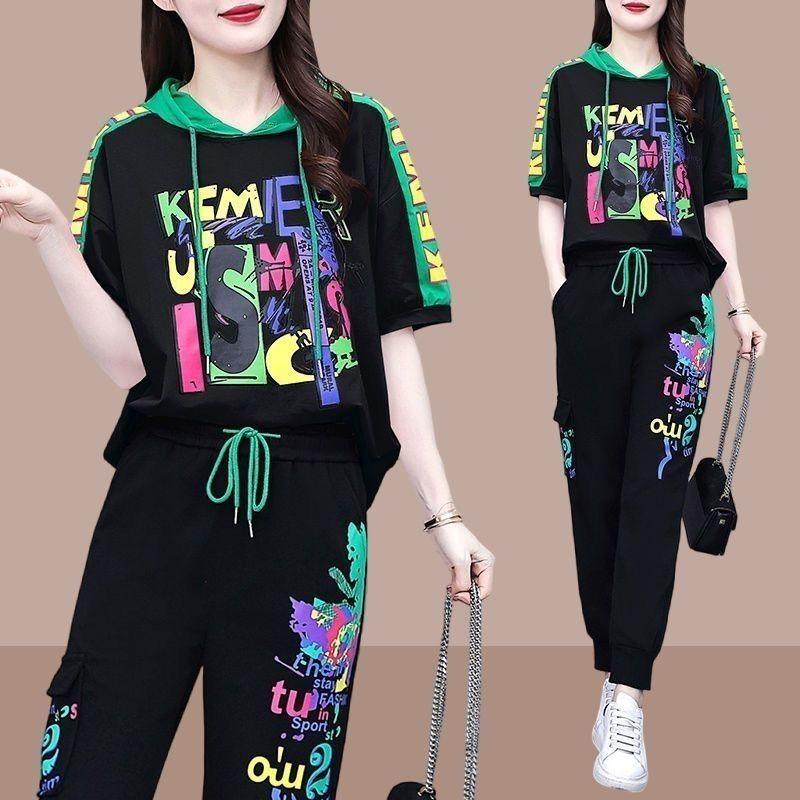 Women's Sportswear Set for Women's Summer Fashionable Versatile Hooded Sweater High Waisted Harlan Pants Two-piece Set