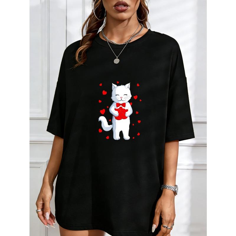 

White T Shirt With Cute White Cat Holding Red Heart And Hearts Pattern For Valentine s Day And Casual Wear XXXXL чорний