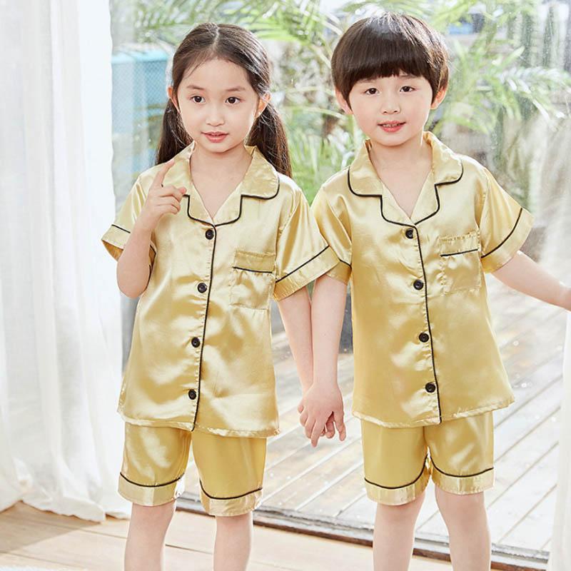 Children Pajamas Sets Satin Silk Boy Pijama Toddler Girl Pyjama Navy Blue Night Clothing Kids Lounge Wear Summer Short Pjs