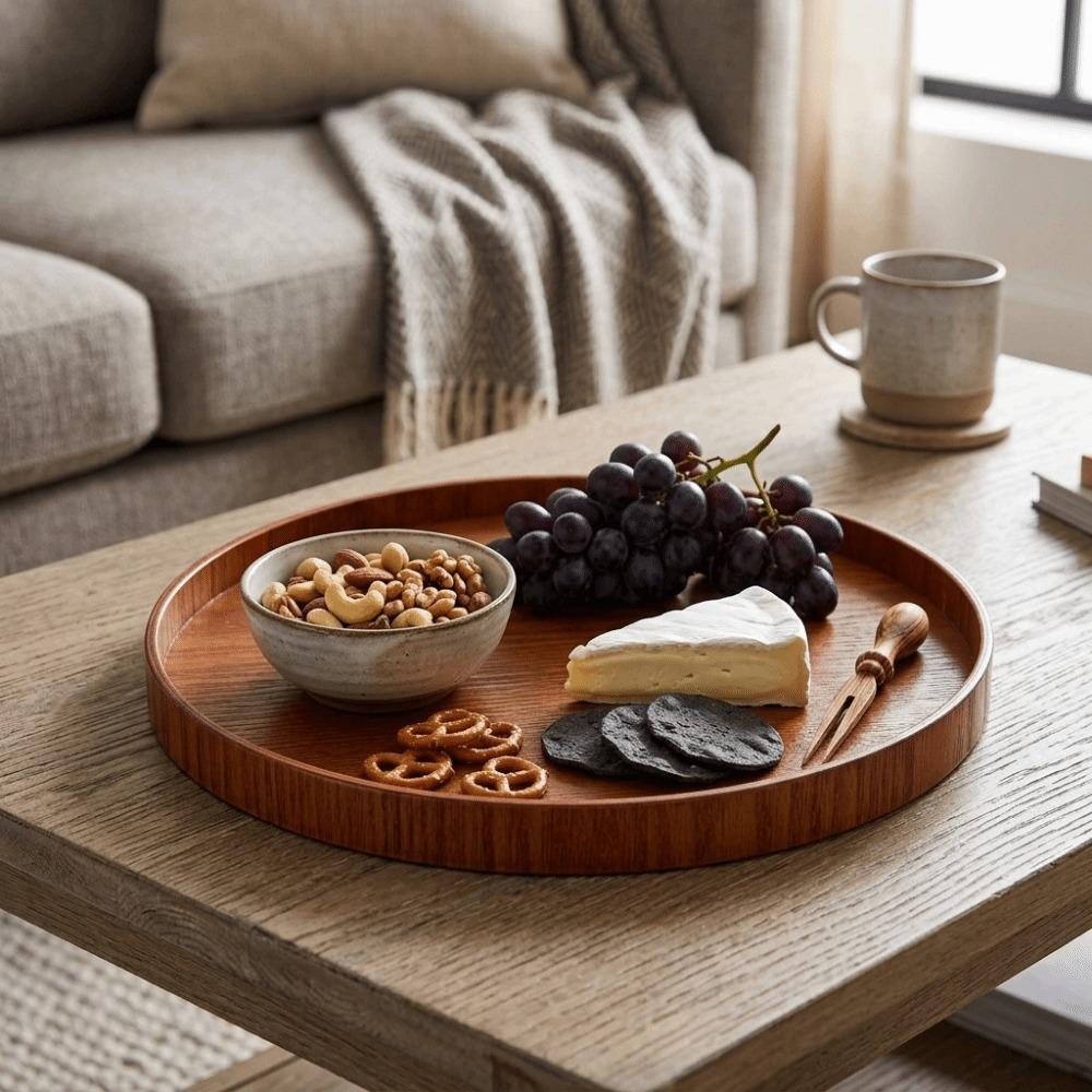 Wood Snack Tray Round Serving Tray Durable Dessert Tray  Tea Serving