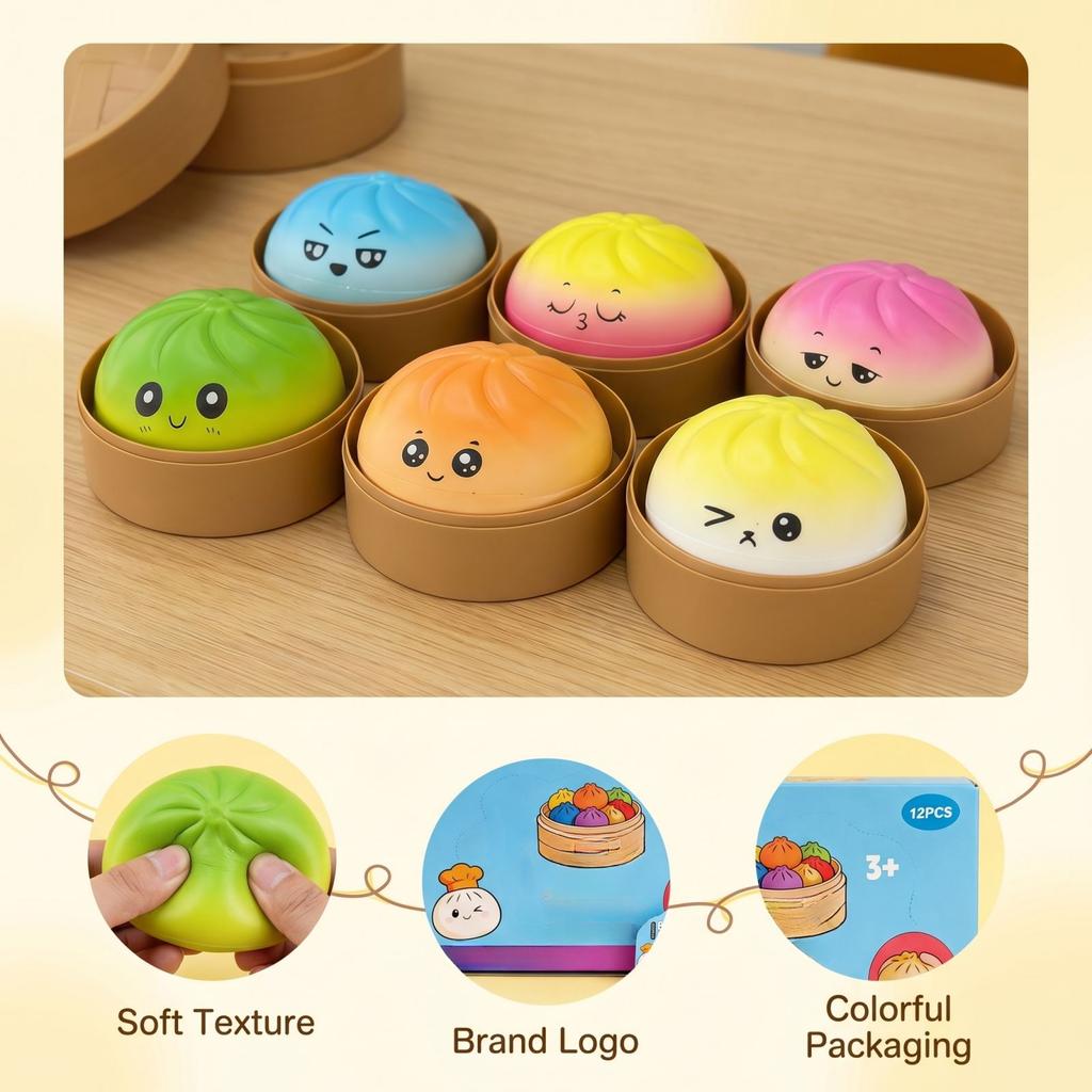 Dumpling Toy, Giant Glitter Dumpling, Colorful Dumplings Stress Balls Sensory Toy,Dough Ball Stress Relief Hand Toys With Food Steamer 12pcs