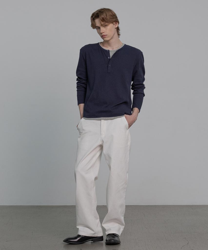 DECOROSO Easy Layered Henley Neck Long Sleeve T-Shirt [Navy]