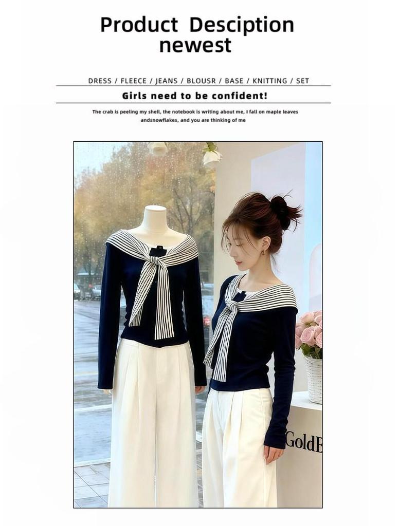 Korean Temperament Patchwork Stripe Tie-Up Long-Sleeve Slim-Fit Top for Women, Spring/Autumn, Niche Unique and Versatile Design