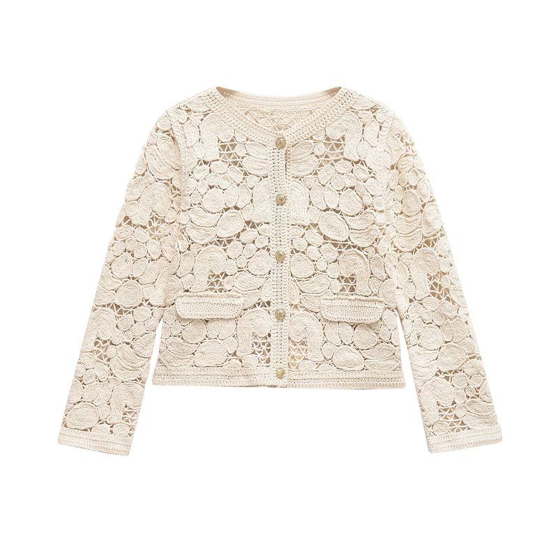 Spring and Summer New Women's Clothing Minimalist Wind Decorated Row Button Bends and Hitches Woven Long Sleeves round Neck Knitting Outwear 1957001