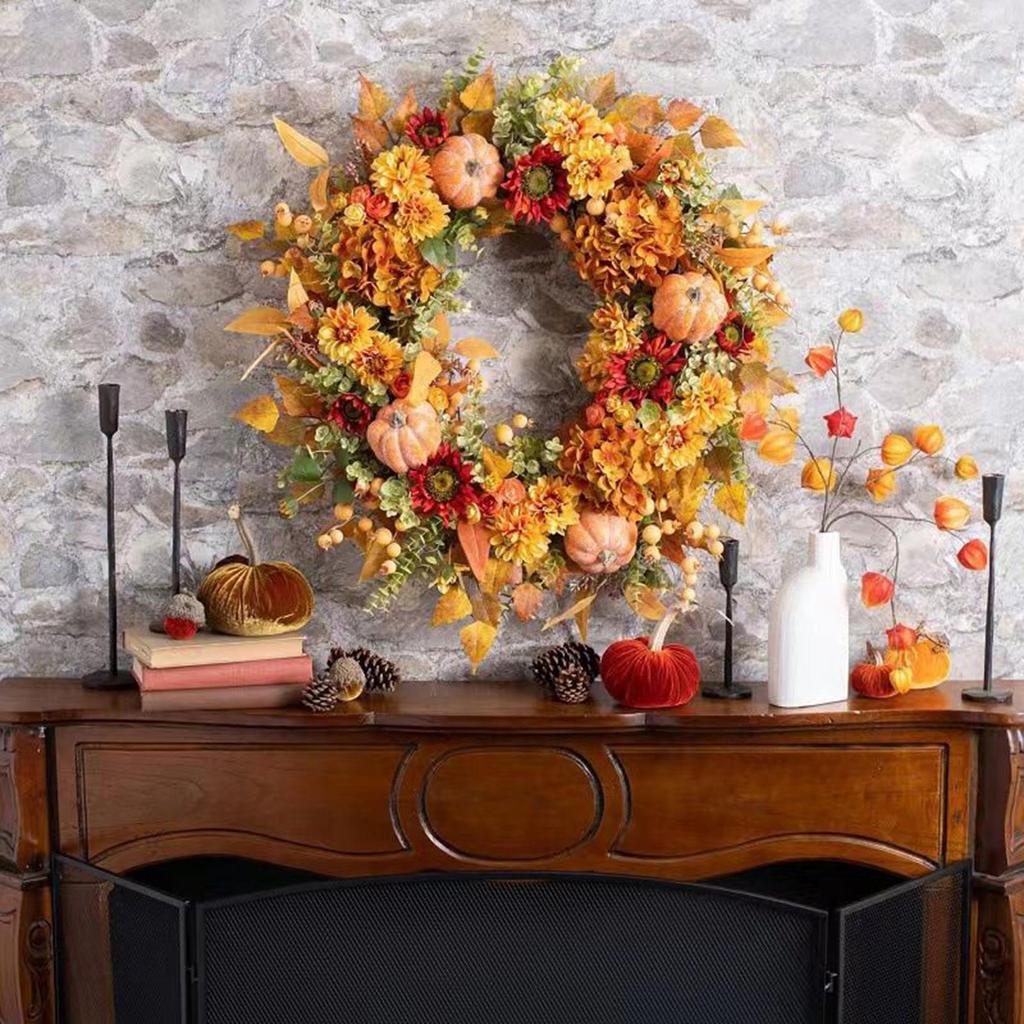 Artificial Autumn Flower Wreath With Pumpkins, Sunflowers, Maple,for Front Door, Home Thanksgiving, Halloween Harvest Decor