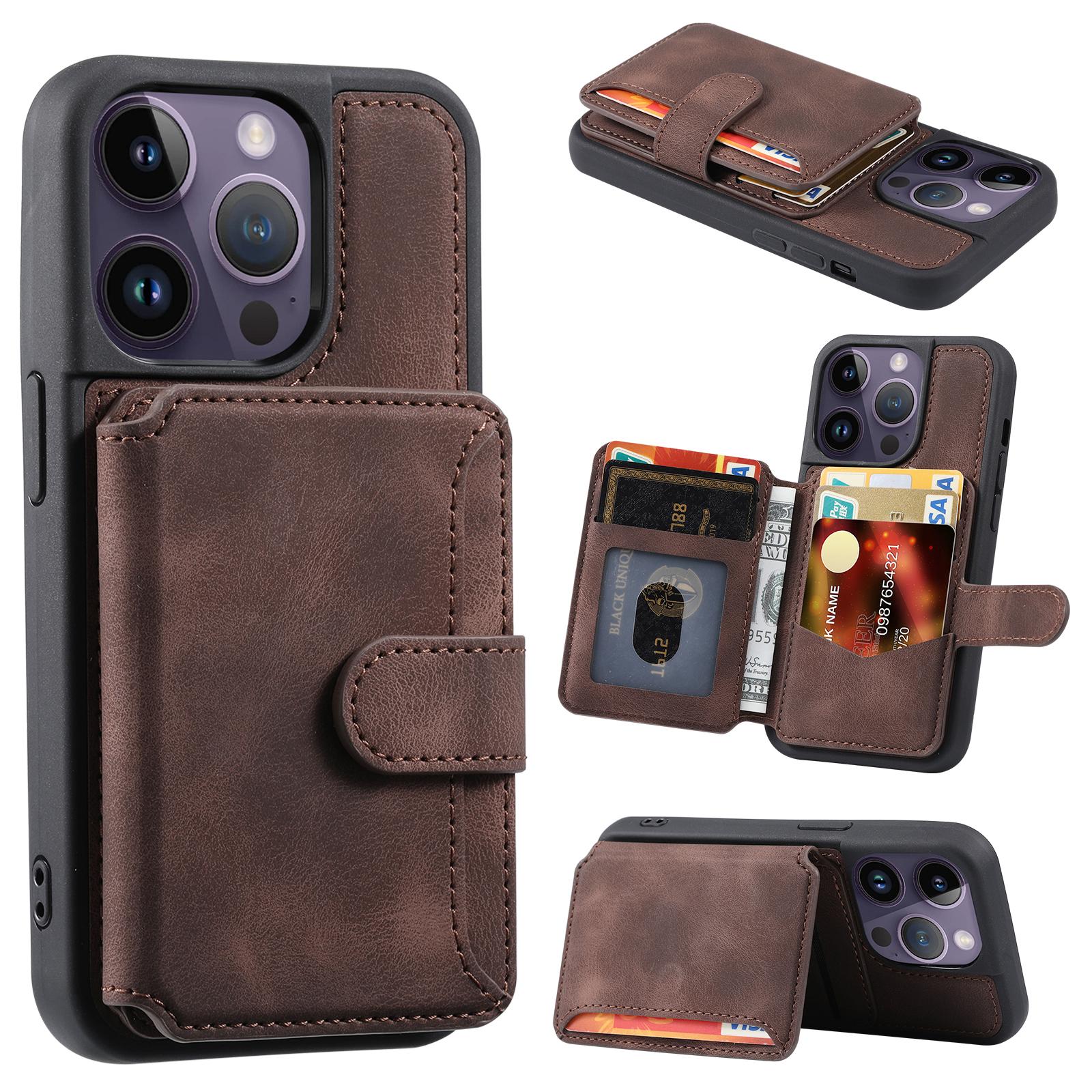 

For iPhone 13 Pro RFID Blocking Phone Case Leather Coated TPU Cover with Wallet Kickstand Coffee