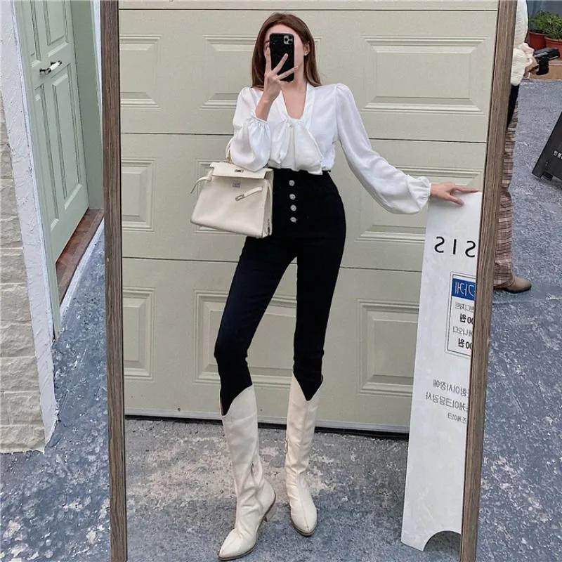 WTEMPO Large Size Solid Color Jeans for Women In All Four Seasons Retro Tight Fitting High Waist Denim Pencil Pants