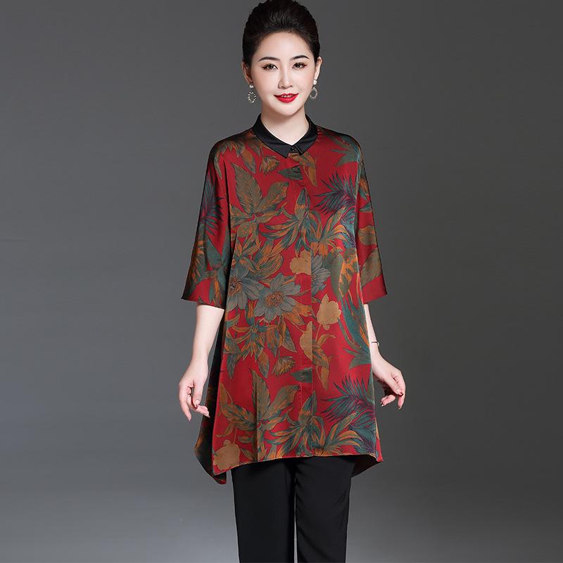 

Silk Slim-Fit Top for Middle-Aged and Elderly Women - Short-Sleeve Xiangyun Silk Shirt 5XL (recommended 150-165 jin) червоний